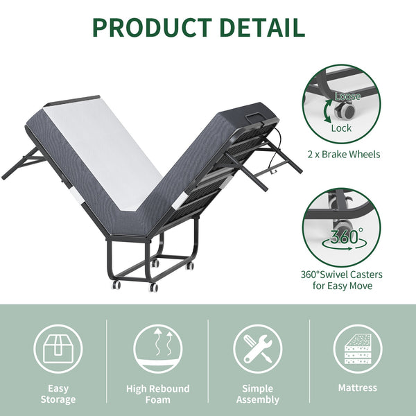 English Elm 75"x46" Wide Folding Bed with 5" Memory Foam, Adjustable Headboard, 450lb Heavy-Duty Frame, Wheels — Portable Comfort for Tall Guests T2398P403869