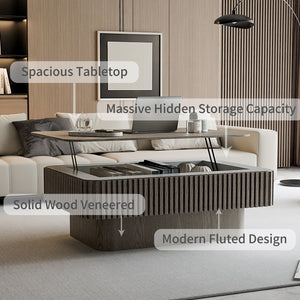 English Elm 38.6'' Fluted Lift Top Coffee Table Wood Veneer Hidden Storage Modern Living Room W1435P337635