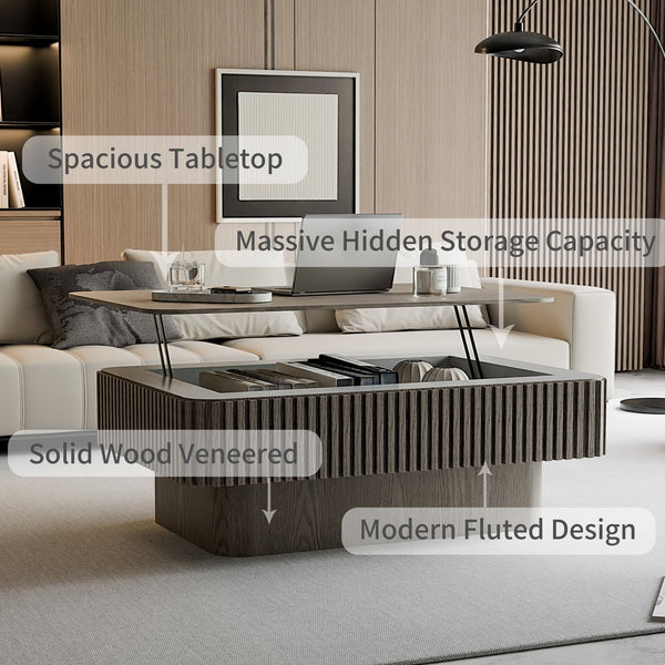 English Elm 38.6'' Fluted Lift Top Coffee Table Wood Veneer Hidden Storage Modern Living Room W1435P337635