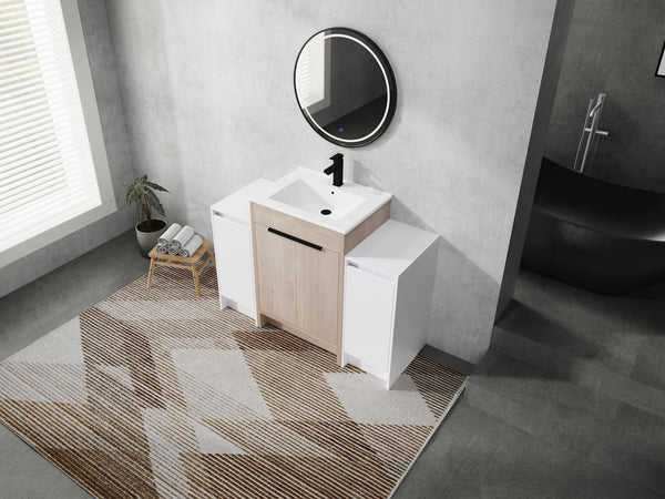 English Elm 48 Inch Freestanding Bathroom Vanity With Ceramic Sink, Adjustable Shelves & Soft-Close Doors W999S00312