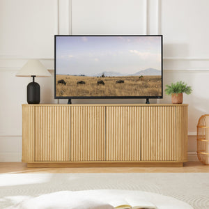English Elm Sideboard Modern Wave-Pattern Storage Cabinet | 64" Wide TV Stand with Press-Open Doors & Adjustable Shelves Natural W1162P356393