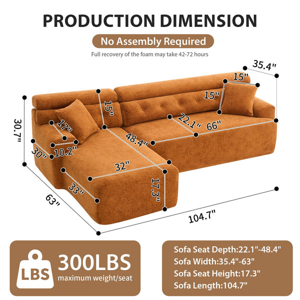 English Elm LY-029B Modern Convertible Chaise Sectional Sofa — Orange 3-Seater Modular L-Sofa, Plush Foam Comfort W2231S00026