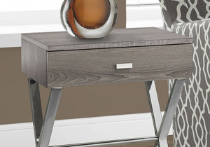 English Elm Accent Elegant Modern Side Table with Glossy Laminate, Chrome Base and Drawer for Living Spaces taupe 22 L x 14 W x 7 H B2710P219242