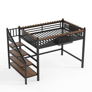 English Elm Full Size Metal Loft Bed with Stair Storage Shelves Bookshelf for Dorms Bedroom W1580S00378