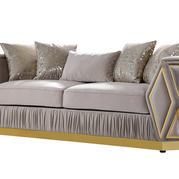 English Elm Cavalli Diamond Upholstered Sofa and Loveseat Set with Gold Accents for Modern Living Taupe+Gold B009S02180