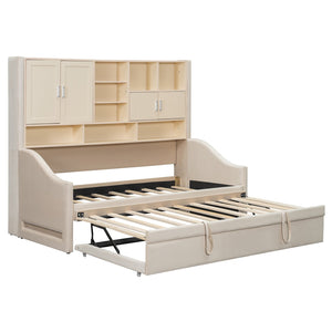 English Elm Twin Upholstered Daybed with LED Armrest Lighting, Hidden Storage Shelves & Lift-Up Pull-Out Trundle Beige SF000198AAA