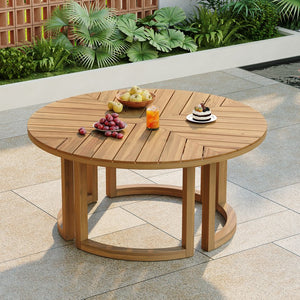 English Elm Trexm Round Acacia Outdoor Dining Table Seats Six with Umbrella Hole Slatted Top Light Teak N715P404283D