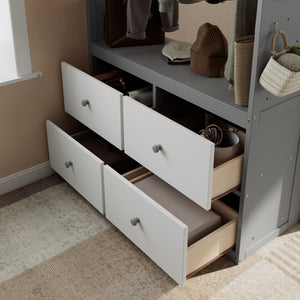 English Elm Twin Bunk Bed with Storage Drawers Hanging Rail Led Shelves and Pegboard Organizer Gray LT000282AAE