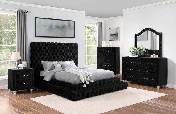 English Elm Fully Tufted Black Flannelette Eastern King Platform Bed Glam Diamond Button Headboard B2741S00916