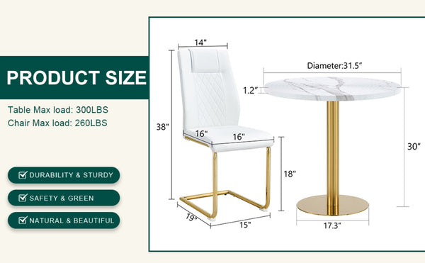 English Elm Table 5-Piece Set: Elegant White Marble Round Dining Table With Gold Legs & 4 Pu Upholstered Chairs W1151S02491-GIGA