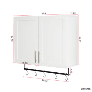 English Elm Bathroom Wall Cabinet with Adjustable Shelf, Towel Bar, 5 Hooks, Space-Saving Over-Toilet Storage, White W331P281277