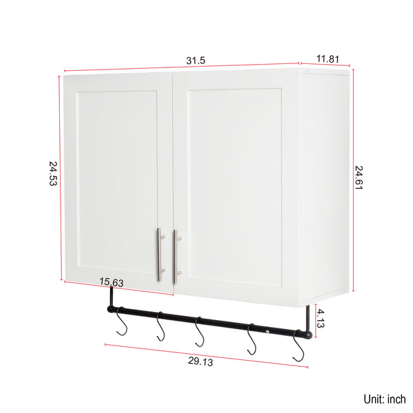 English Elm Bathroom Wall Cabinet with Adjustable Shelf, Towel Bar, 5 Hooks, Space-Saving Over-Toilet Storage, White W331P281277