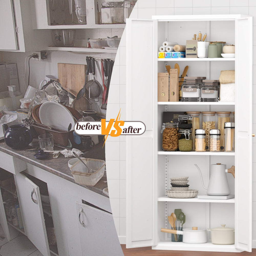 English Elm 2 Door Steel Pantry Cabinet Powder Coated Finish Gold Hardware Adjustable Shelves Tall Storage White T3625P366652
