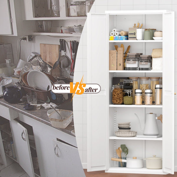 English Elm 2 Door Steel Pantry Cabinet Powder Coated Finish Gold Hardware Adjustable Shelves Tall Storage White T3625P366652