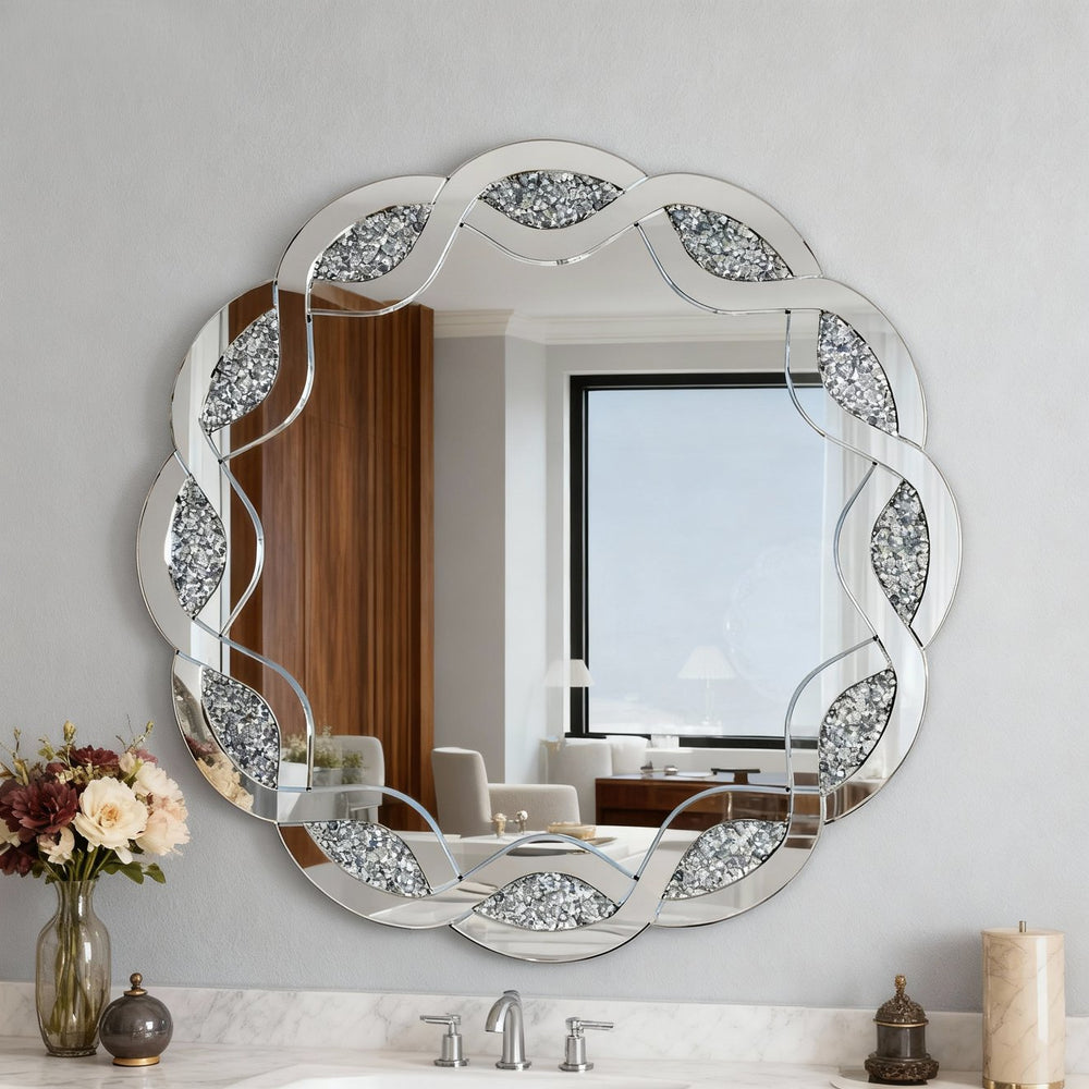 English Elm Silver Wave Frame Round Wall Mirror with Diamond Beveled Facets for Glam Home Decor W1445P370440