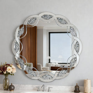 English Elm Silver Wave Frame Round Wall Mirror with Diamond Beveled Facets for Glam Home Decor W1445P370440