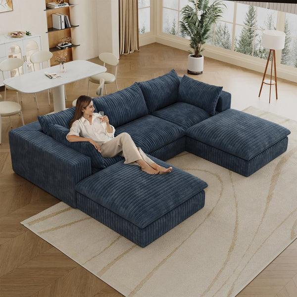 English Elm 118.2" Cloud Sofa – Luxurious Corduroy Deep Seat Couch, No Assembly, Removable Cushions, Blue Style W2824S00106