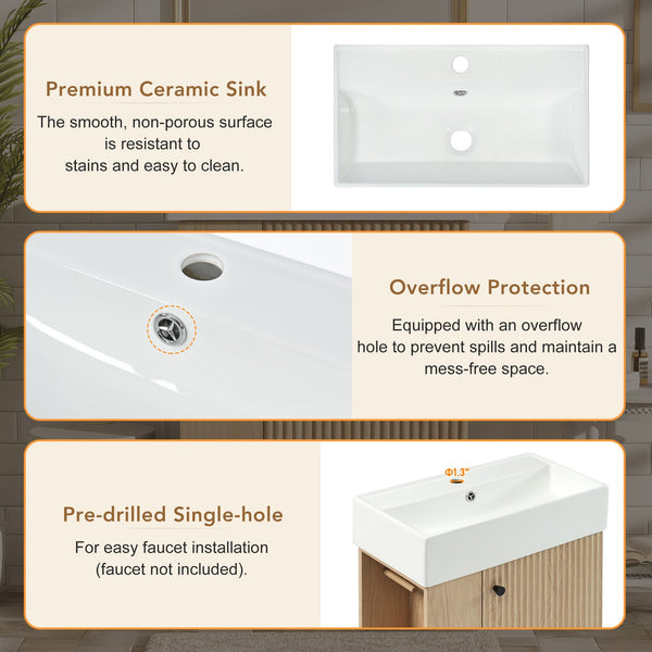 English Elm [video]21.6" Freestanding Bathroom Vanity Ceramic Sink Wavy Door Mdf Cabinet Small Bath Wood N729P285503N