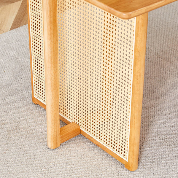 English Elm Table and Chair Set Rubberwood Dining with Rattan Legs Six Cushioned Fabric Seats W1151S03054