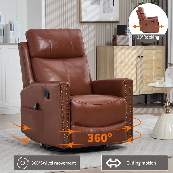 English Elm Red Genuine Leather Swivel Rocker Recliner with Massage Heat for Living Room W1803P323709