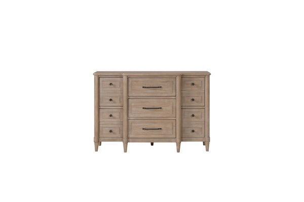 English Elm Small Breakfront Dresser with Mindi Veneer, Warm Neutral Finish, 7 Drawers, Tapered Legs, Elegant Storage Options Sand 62 L x 23.5 W x 36 H B2699P360160