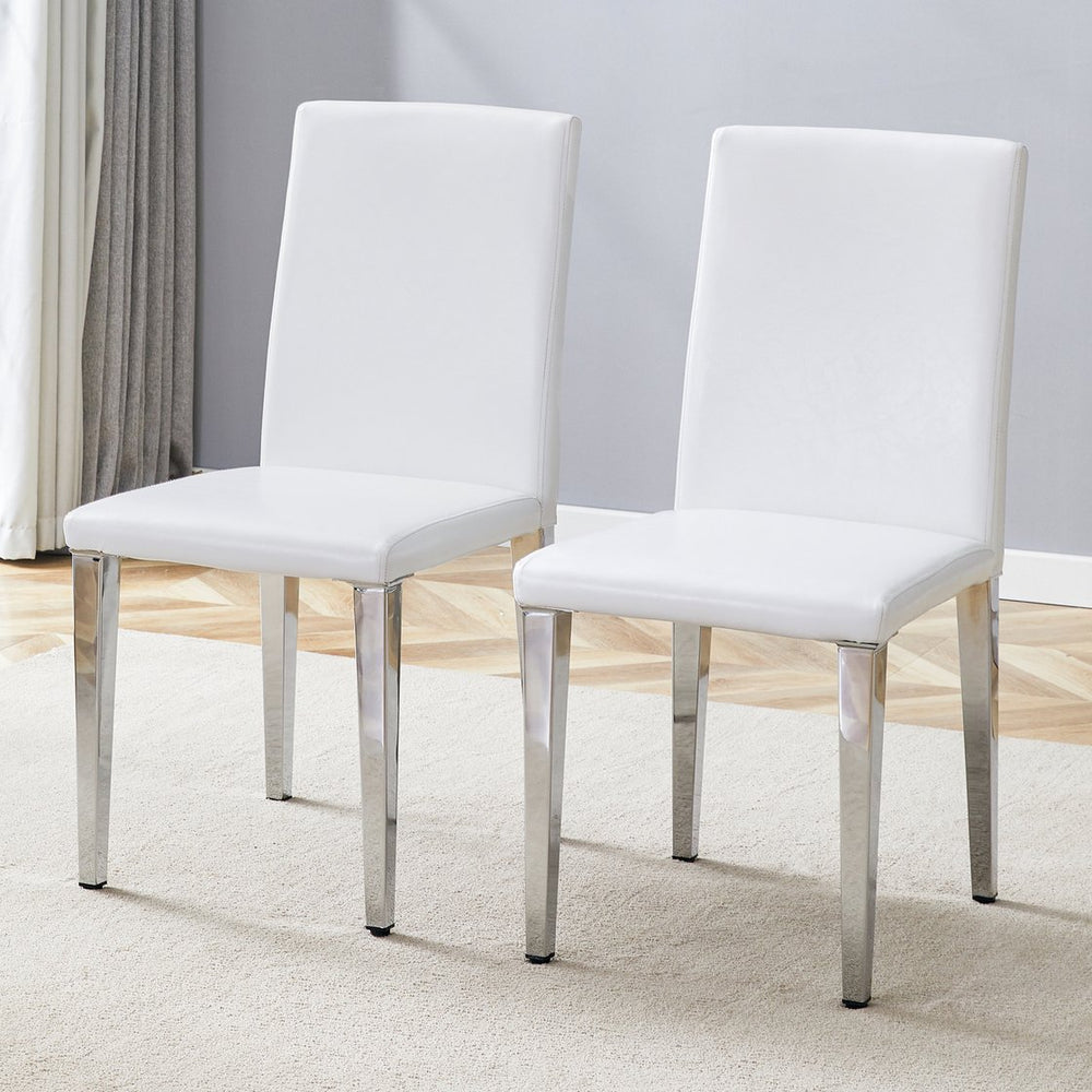English Elm Two Pu Leather Dining Chairs Glossy White Shell Silver Metal Legs Modern Set W1151P360537