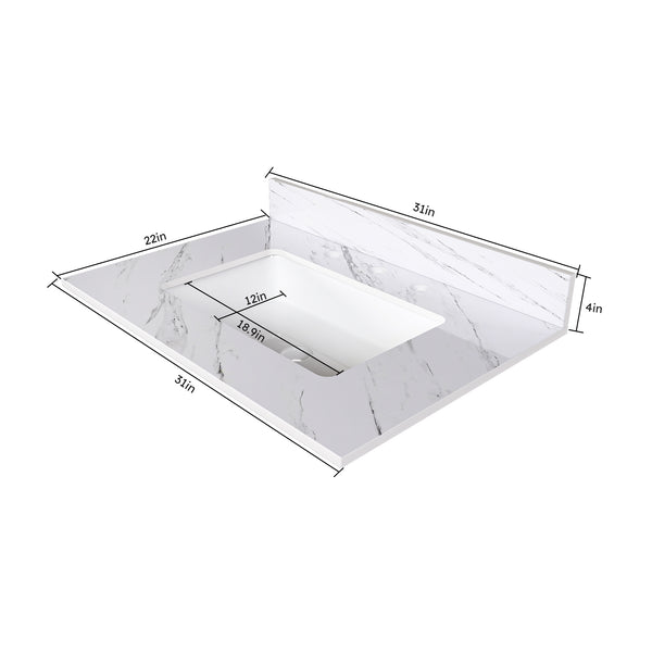 English Elm 31 Inch Marble Vanity Top - Bianco Carrara Venato - Durable Sintered Stone With Undermount Sink & Backsplash W2700P194073