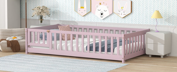 English Elm Twin Solid Rubberwood Floor Bed with Full Perimeter Safety Rails for Toddler Rooms Pink W504P296782