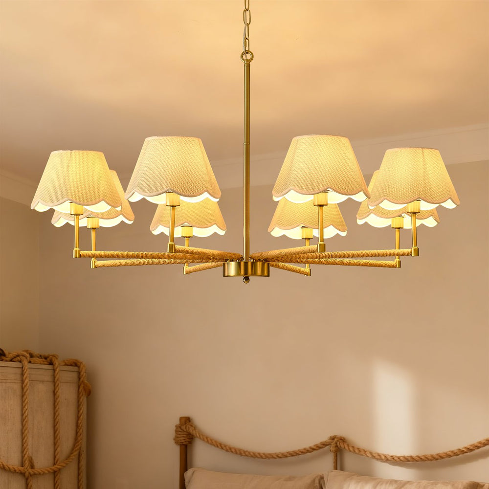 English Elm 8-light Gold Rope Wrapped Fabric Shade Chandelier for Dining and Living Rooms W5008P391581