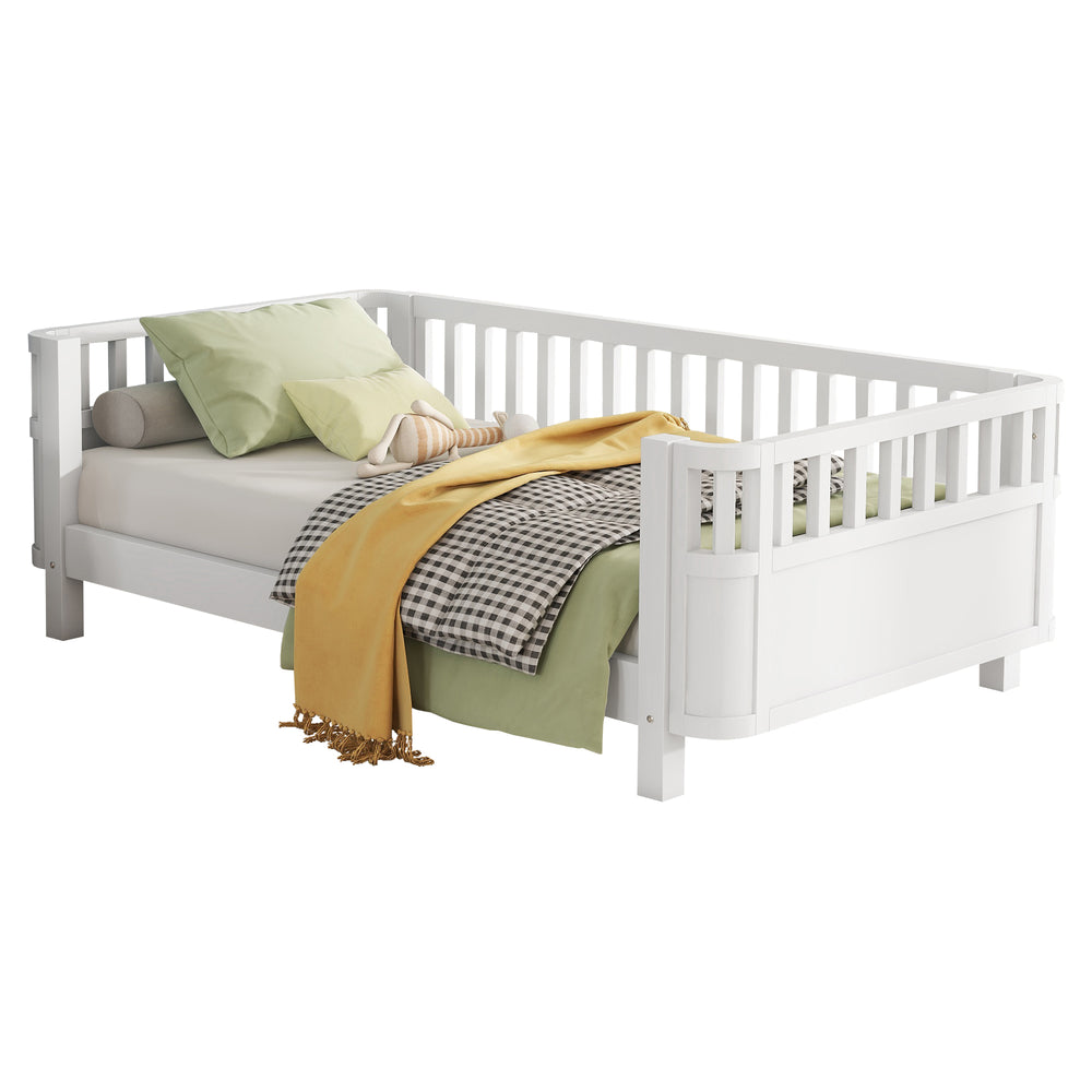 English Elm Twin Solid Pine Platform Bed with Guardrail for Kids — Low Profile White Twin Bed, Durable 250lb Capacity W2593P296772