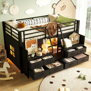 English Elm Twin Low Loft Bed with Shelves Fabric Drawers and Under Bed Study Nook Metal Frame Black W5305S00043