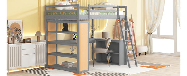 English Elm Full Size Loft Bed with Desk Shelves Writeable Board Pine Frame Gray Finish LT100226AAE-1