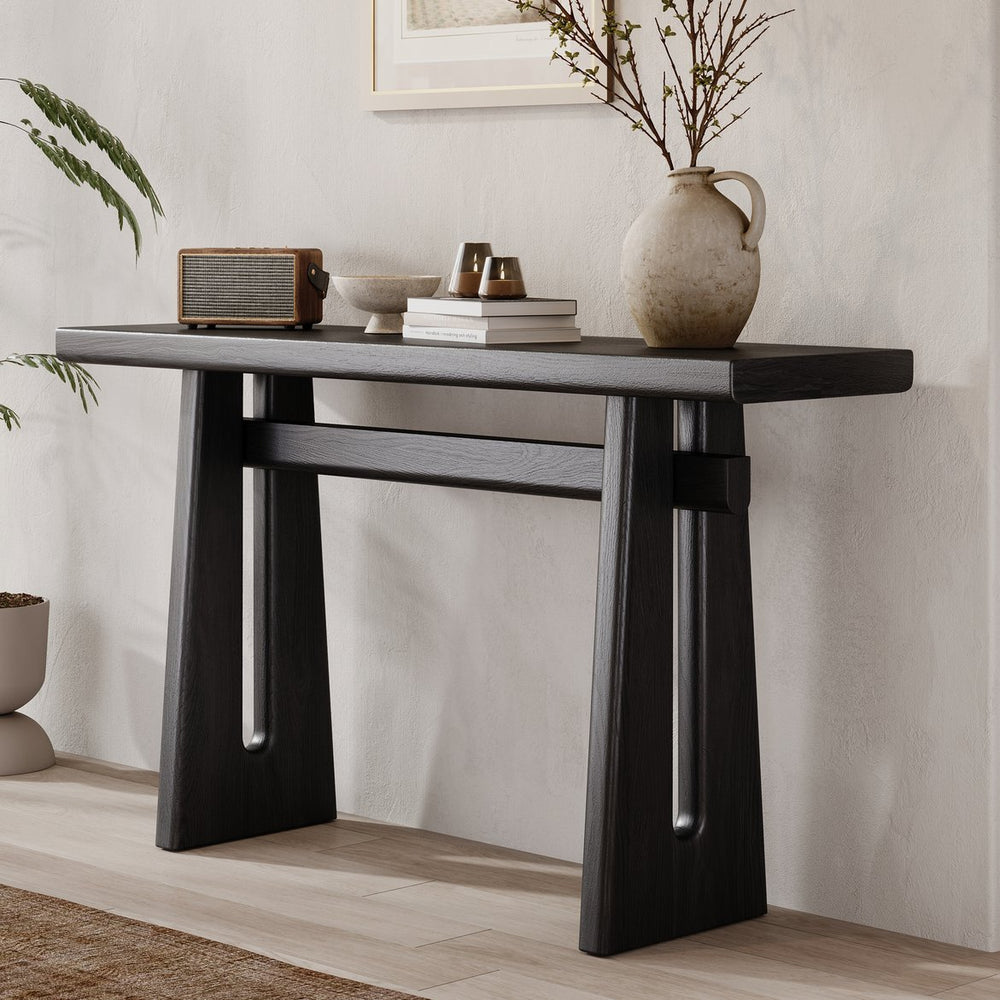 English Elm Mirod Wood Veneer Geometric Console Table Sculptural Sled Base for Entryway Hallway N760P321811B
