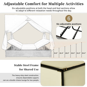 English Elm U_style Outdoor Double Daybed Resort Canopy Lounge with Steel Frame and Adjustable Backrests Beige WY000476AAK