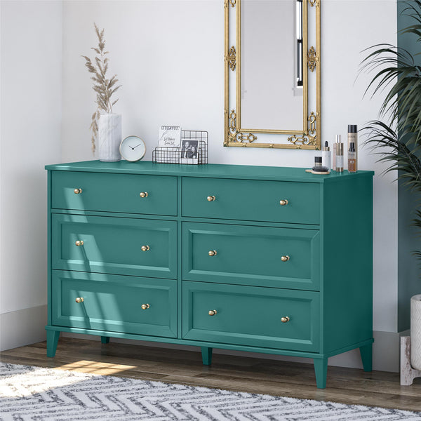 English Elm Monticello Six Drawer Wide Dresser with Brass Hardware and Tapered Legs Bedroom B2733S00013