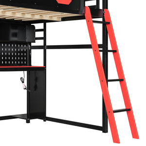 English Elm Full Size Gaming Loft Bed with Built-in Desk Led Lighting Usb Ports and Pegboard Black+Red LT000270AAR