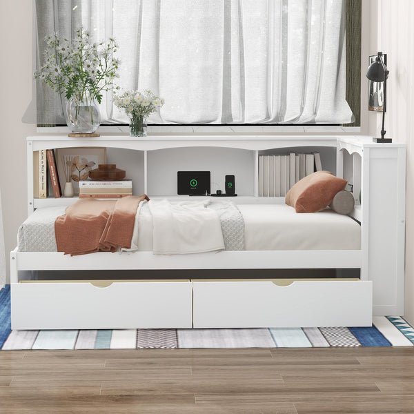 English Elm Twin Twin Size Daybed with USB Charging, Two Storage Drawers & Shelves, Sturdy MDF Frame, 300lb Capacity White GX000396AAK