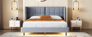 English Elm Queen Upholstered Platform Bed with LED Lights, U-Shaped Headboard, Linen Fabric, Sturdy Metal Legs Gray SF000151AAE