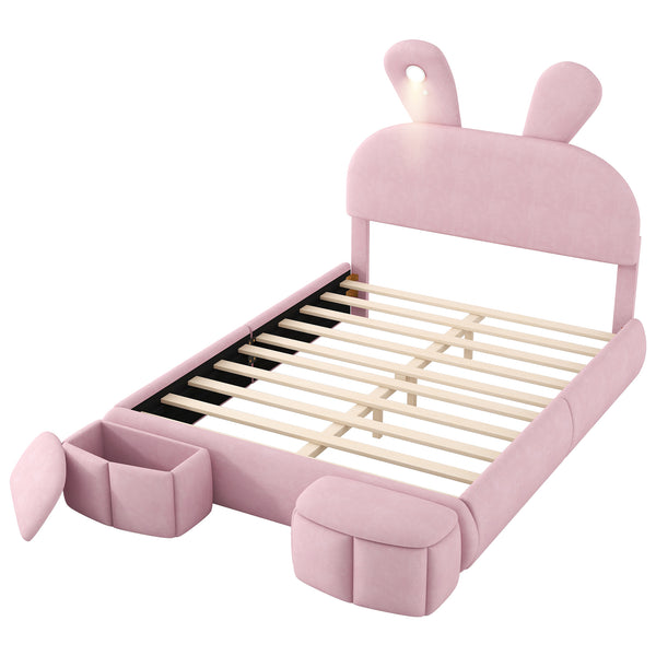 English Elm Full Pink Velvet Platform Bed Cartoon Ear Headboard Led Light Storage Stools N709P195300H-1