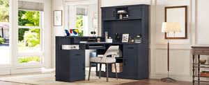 English Elm L-shaped Corner Computer Desk with Built-in Outlets Drawers and Open Shelving Storage W1580S00270