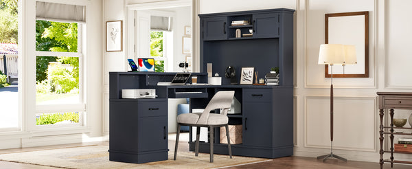 English Elm L-shaped Corner Computer Desk with Built-in Outlets Drawers and Open Shelving Storage W1580S00270