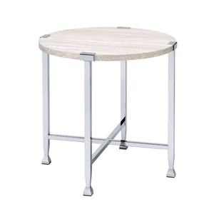 English Elm Round End Table with Modern White Oak Top and Chrome X-Base — Sleek Accent Table for Living Rooms B016P314065