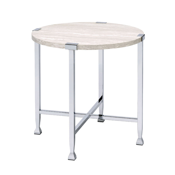 English Elm Round End Table with Modern White Oak Top and Chrome X-Base — Sleek Accent Table for Living Rooms B016P314065