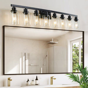 English Elm 51" Black 8-Light Vanity Light with Clear Glass Shades, Modern Iron Bathroom Wall Mirror Fixture W1340P206685