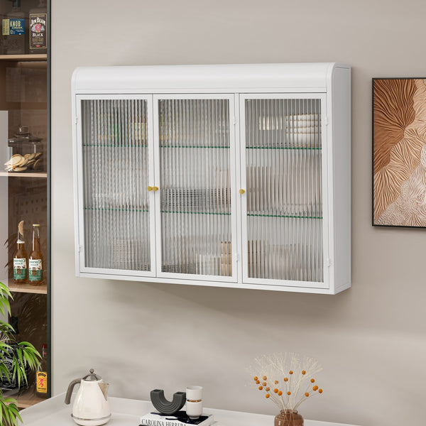 English Elm 3 Door Arched Wall Mounted Glass Cabinet with Wide Top Narrow Bottom Design for Stylish Storage and Display White W757P221502