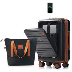 English Elm Front Opening Abs Hard Shell Carry on Set with Usb Port Cup Holder and Spinner Wheels Black+Brown N726P268998A