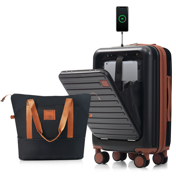 English Elm Front Opening Abs Hard Shell Carry on Set with Usb Port Cup Holder and Spinner Wheels Black+Brown N726P268998A