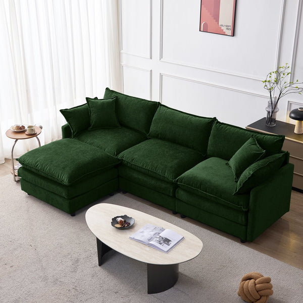 English Elm 105" L-shaped Chenille Sectional with Ottoman Pocket Spring Living Room Sofa Green W1097S00230