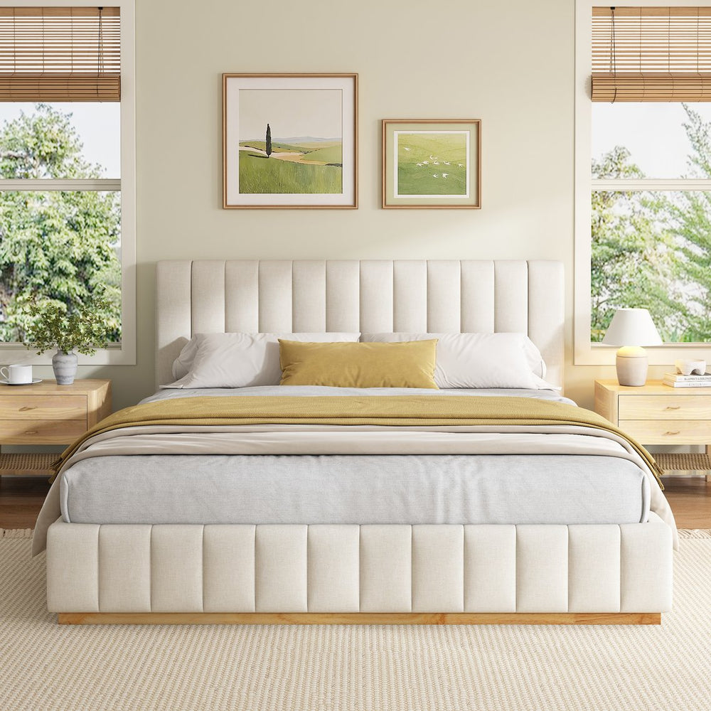 English Elm Modern, Beige Upholstered King Platform Bed Quilted Fabric Headboard Rubberwood Frame N769K360701A