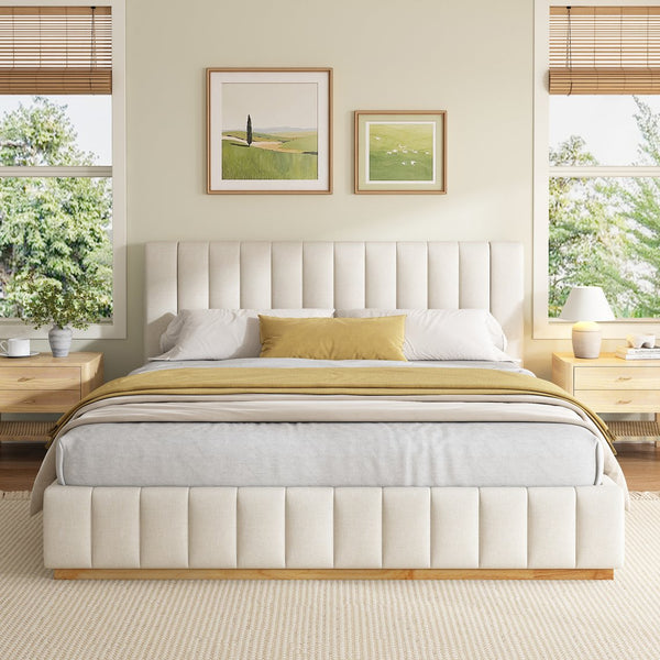 English Elm Modern, Beige Upholstered King Platform Bed Quilted Fabric Headboard Rubberwood Frame N769K360701A